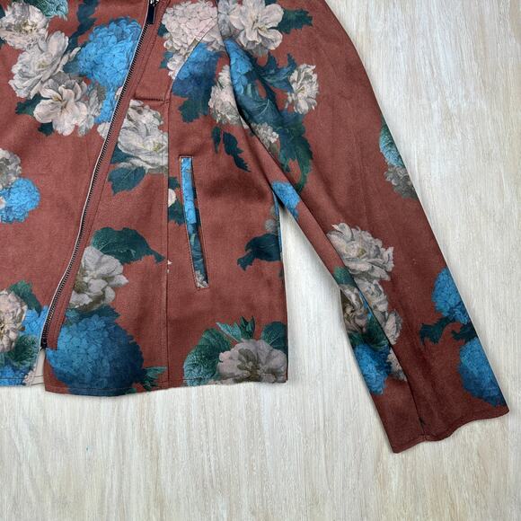 Elie Tahari Faux Leather Brown Hydrangea Floral Print Boho Chic Moto Jacket XL - Picture 3 of 16